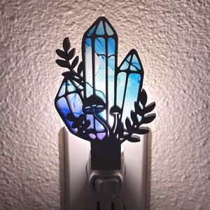 Crystal Mushroom Wood Night Light Blue Purple Nature Boho LED Lamp Handmade